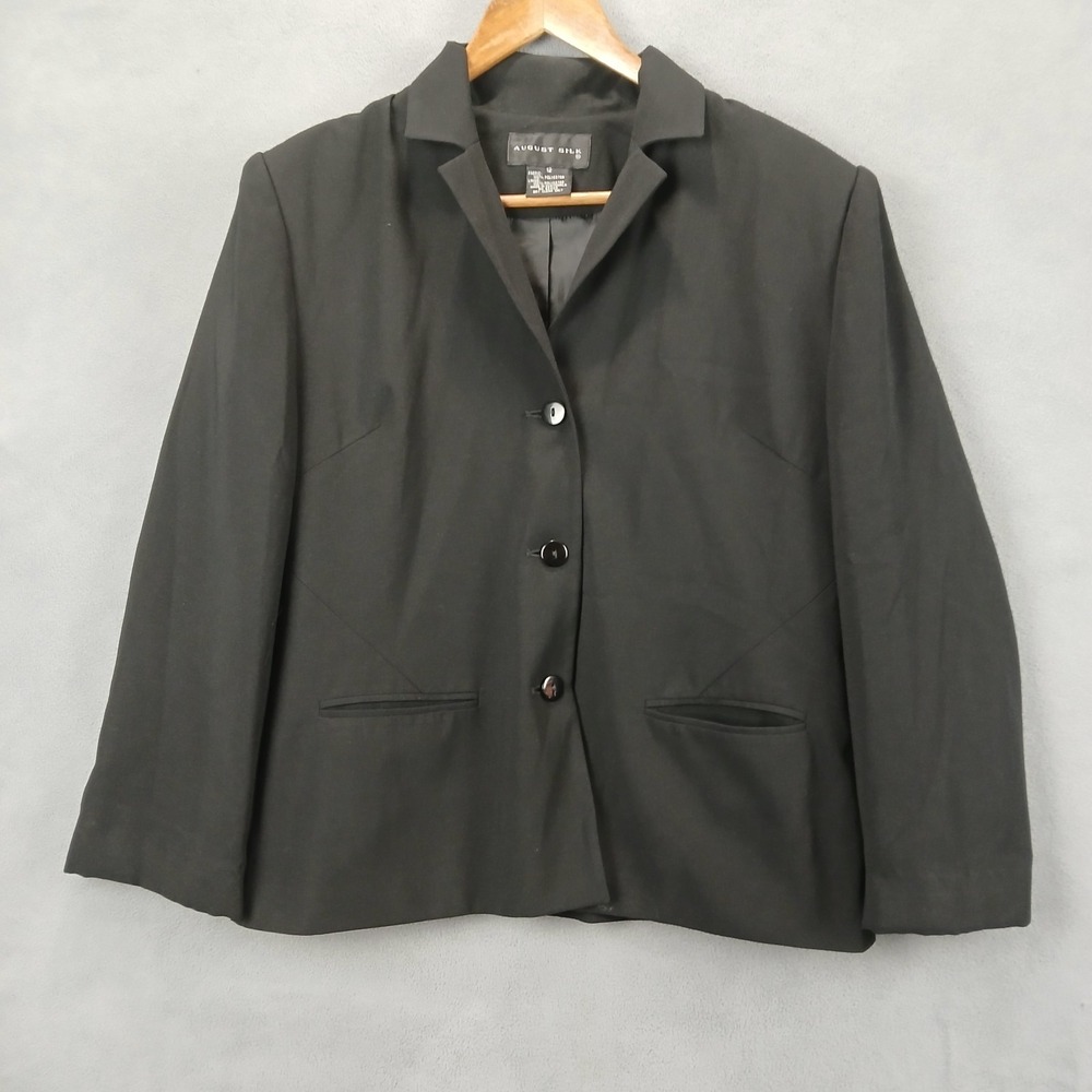 August Silk Blazer Jacket Womens 12 Black Lined Notch Lapel Formal Business